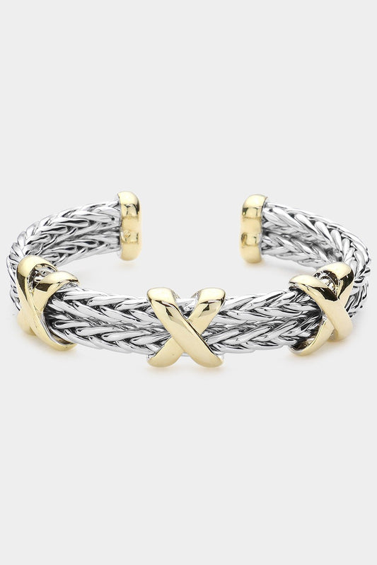 Two Tone Metal Double Twisted Cuff Bracelet